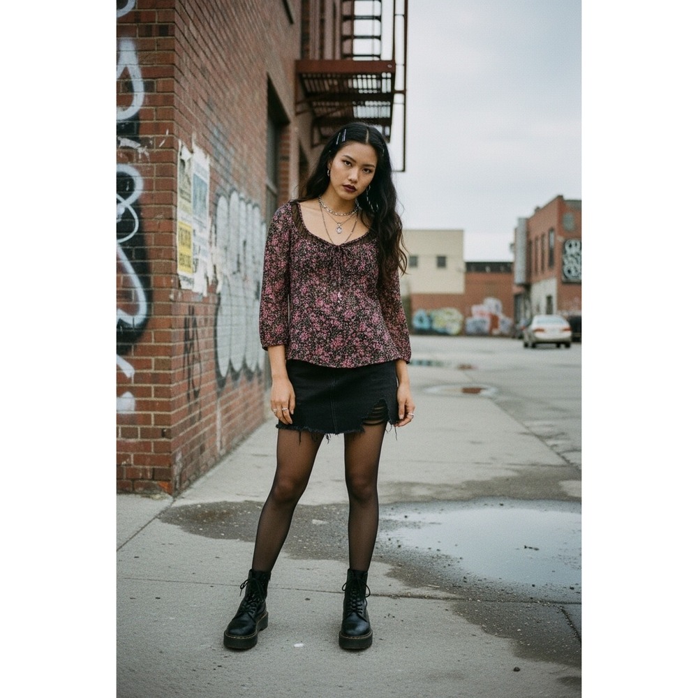 Vintage Express Floral Mesh Top LARGE Black Pink 3/4 Sleeve Grunge Fairycore